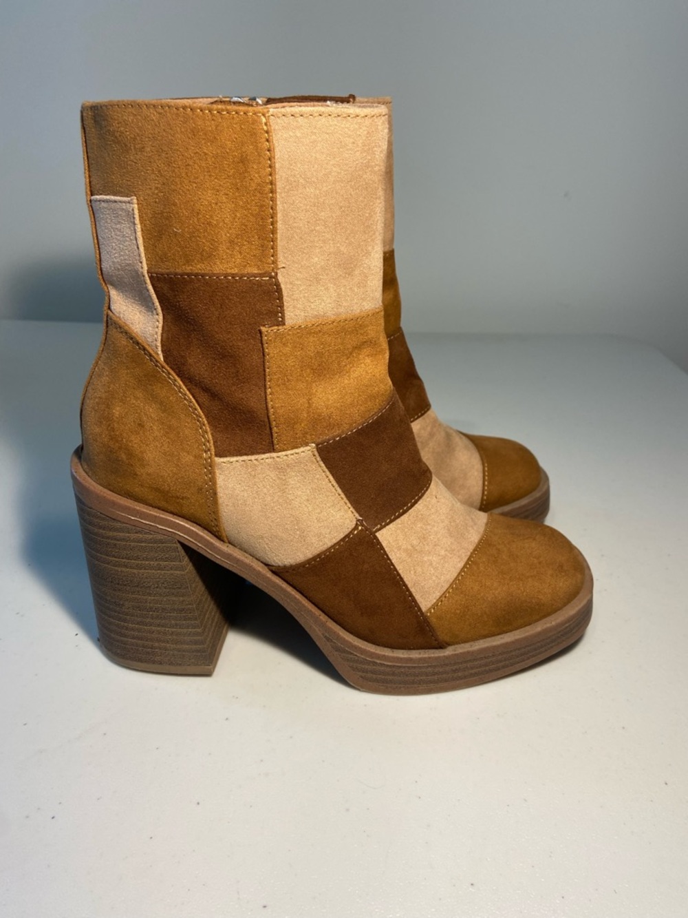 Universal Thread Retro Patchwork Suede Block Heel Ankle Boots - Brown SZ 6
